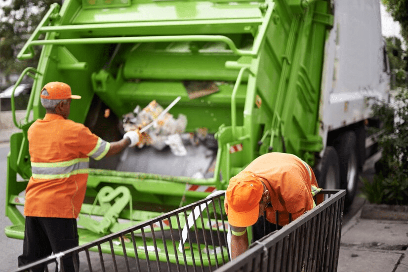 Men garbage truck and city container for collection service for public pollution for recycling waste management